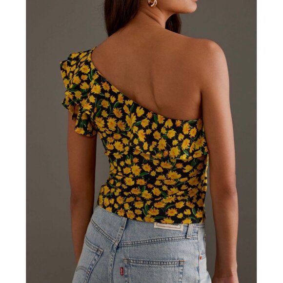 Maeve Anthropologie One-Shoulder Ruffled Floral Top Size XL Yellow - Picture 6 of 9